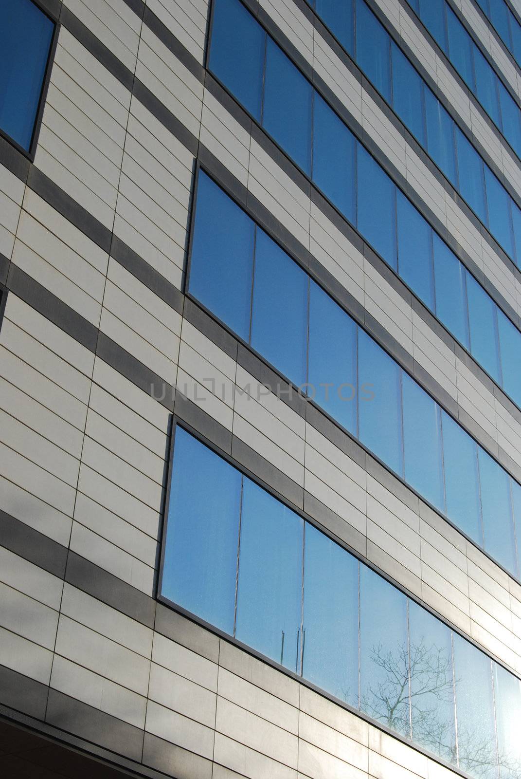 Modern office building wall with blue glass windows close-up