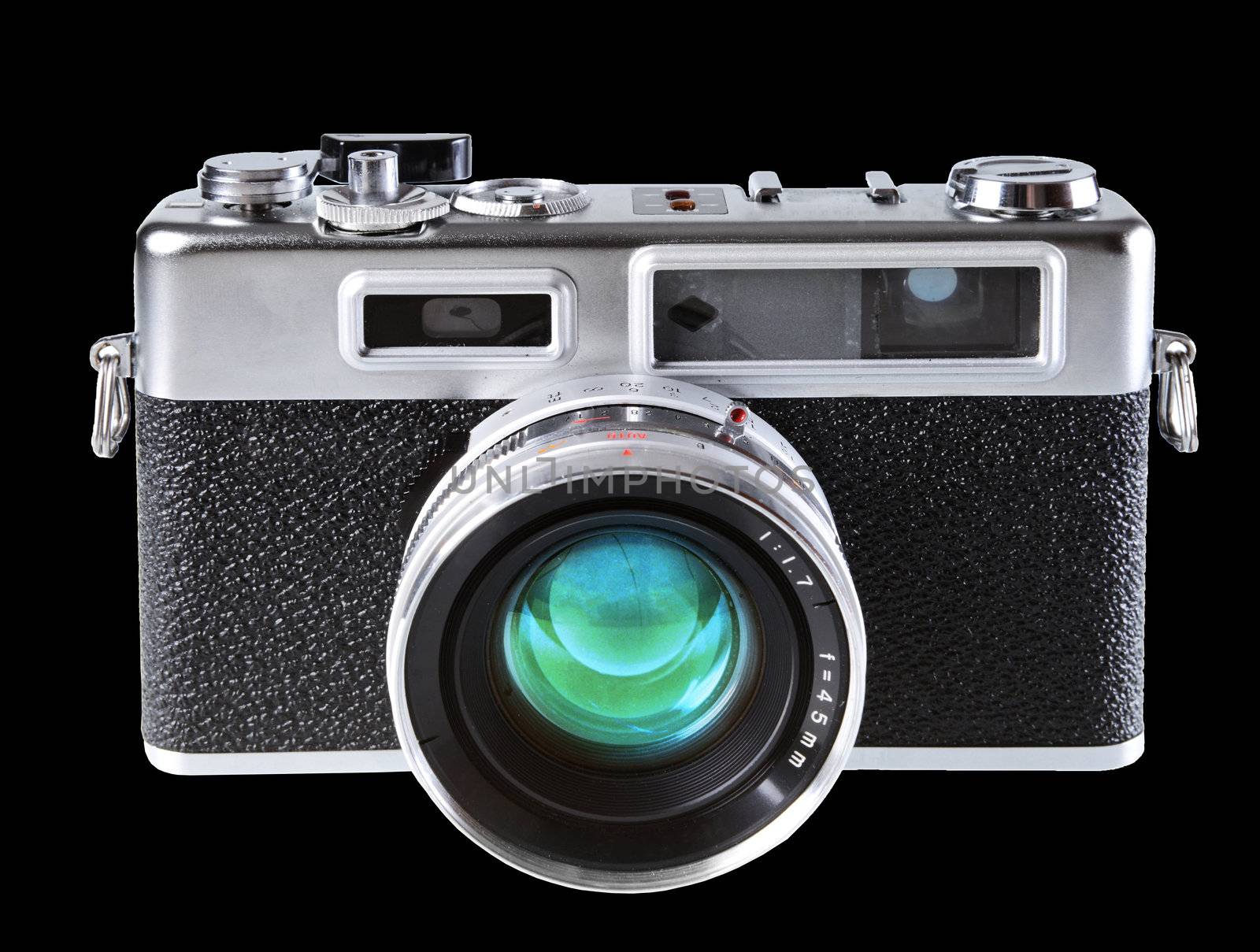 Vintage film rangefinder camera isolated on white background