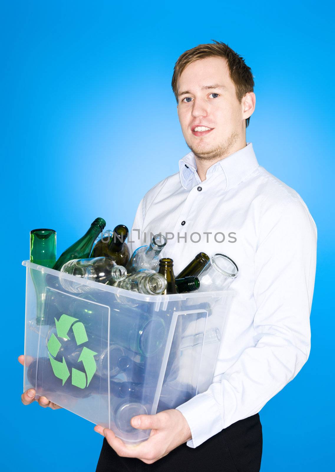 Young man with Glass recycling