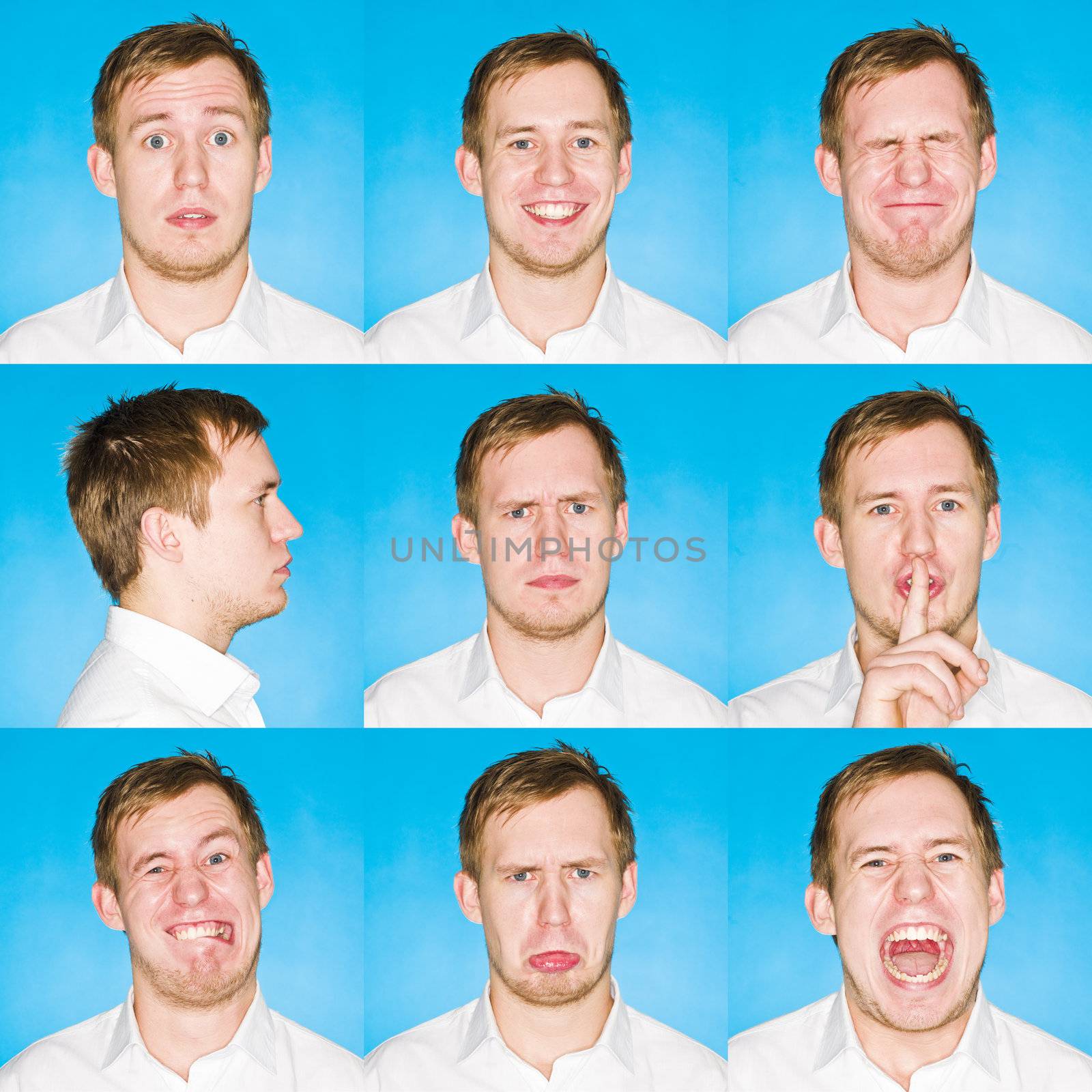Nine portraits with different expressions of a young man on blue background