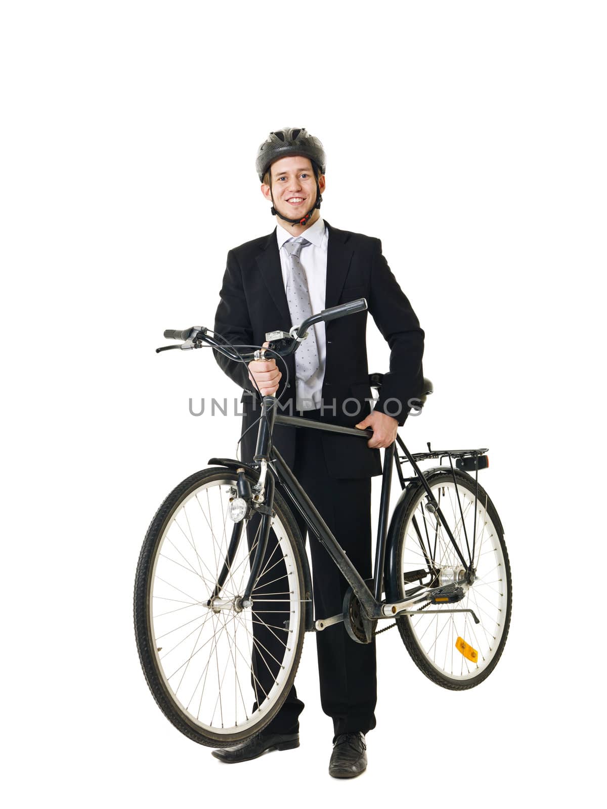 Young man with bicycle and helmed isolated on white background