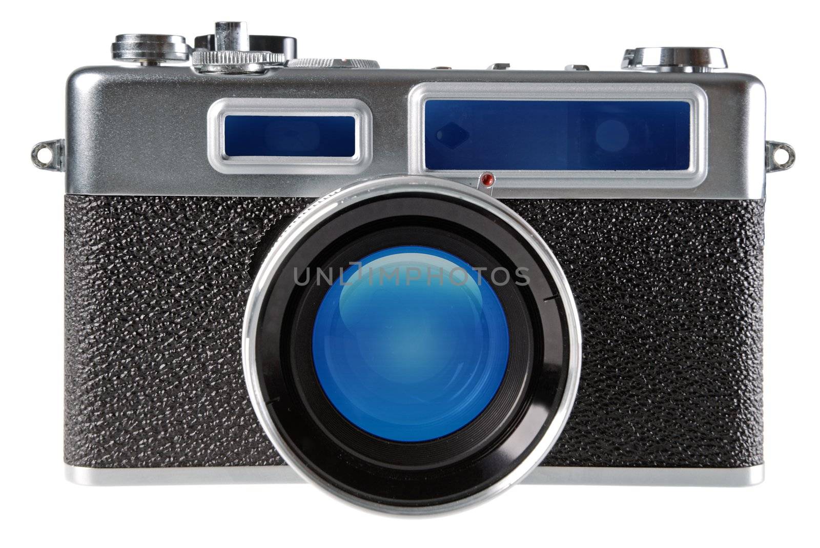 Vintage film rangefinder camera isolated on white background