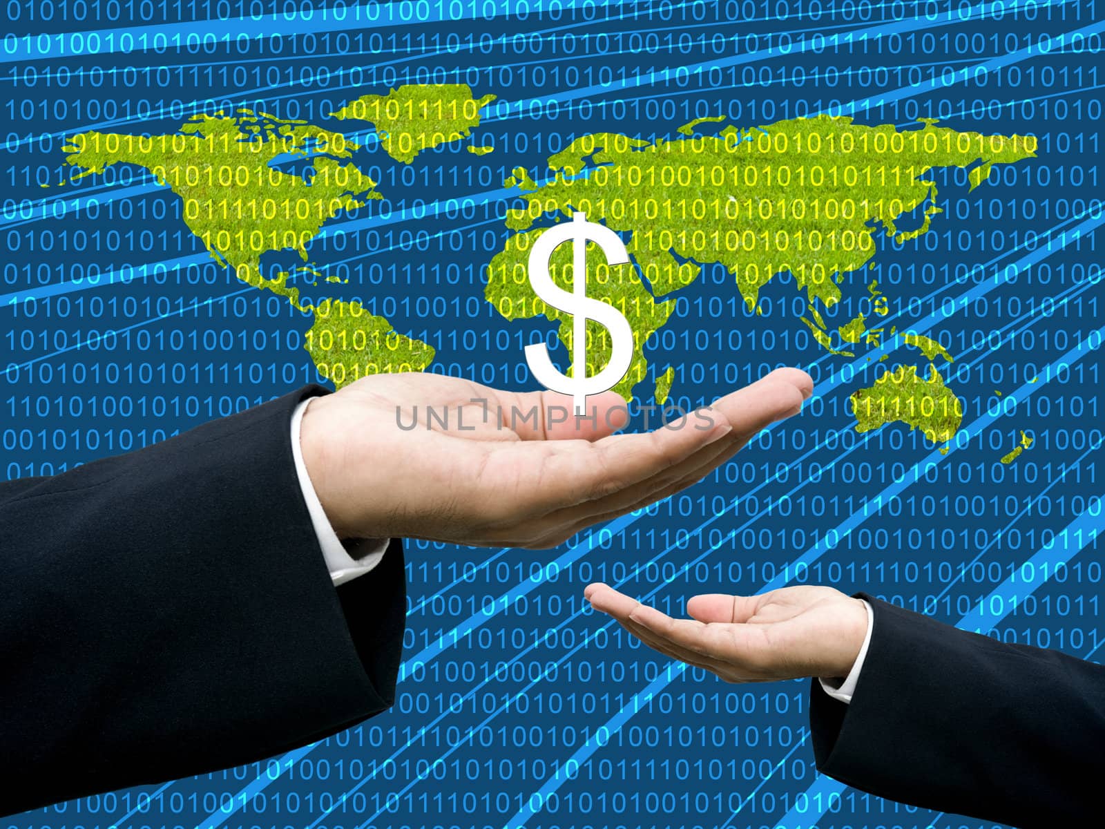 Businessman's hand share Dollar with digital wold map background by pixbox77