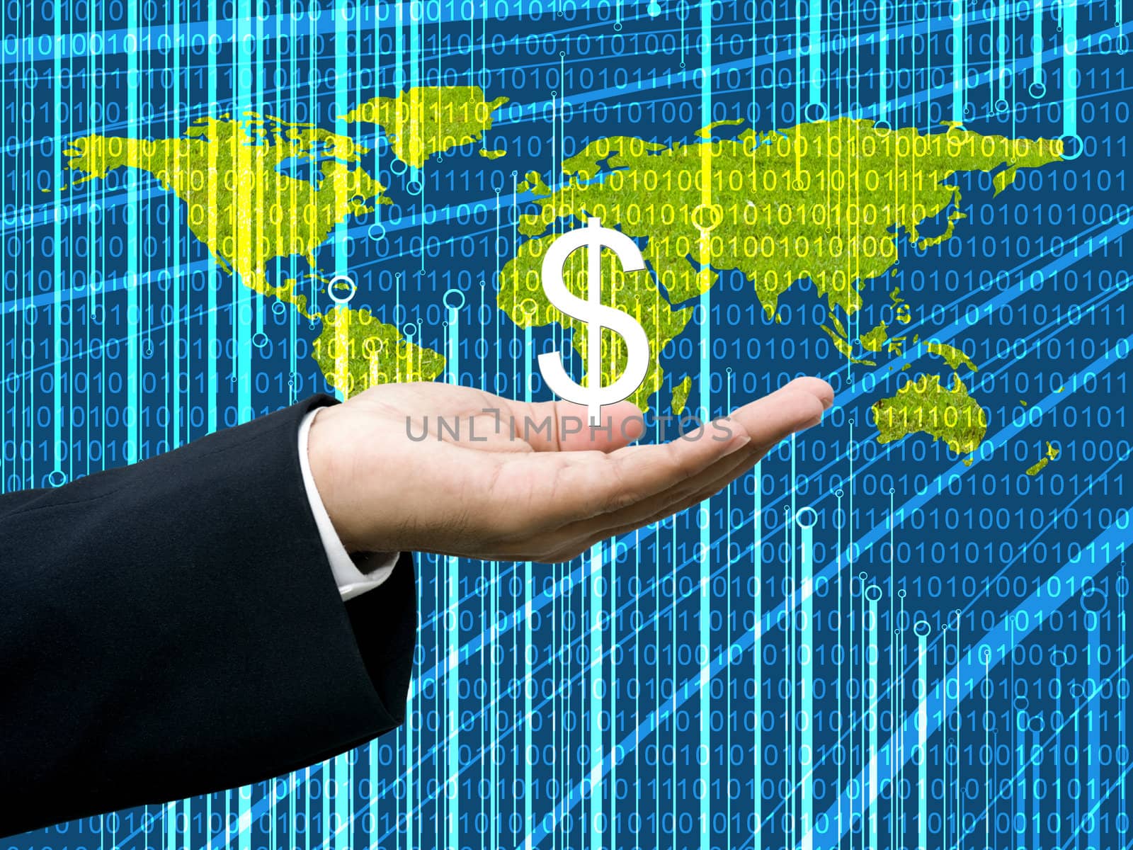 Businessman's hand hold Dollar with digital wold map background by pixbox77