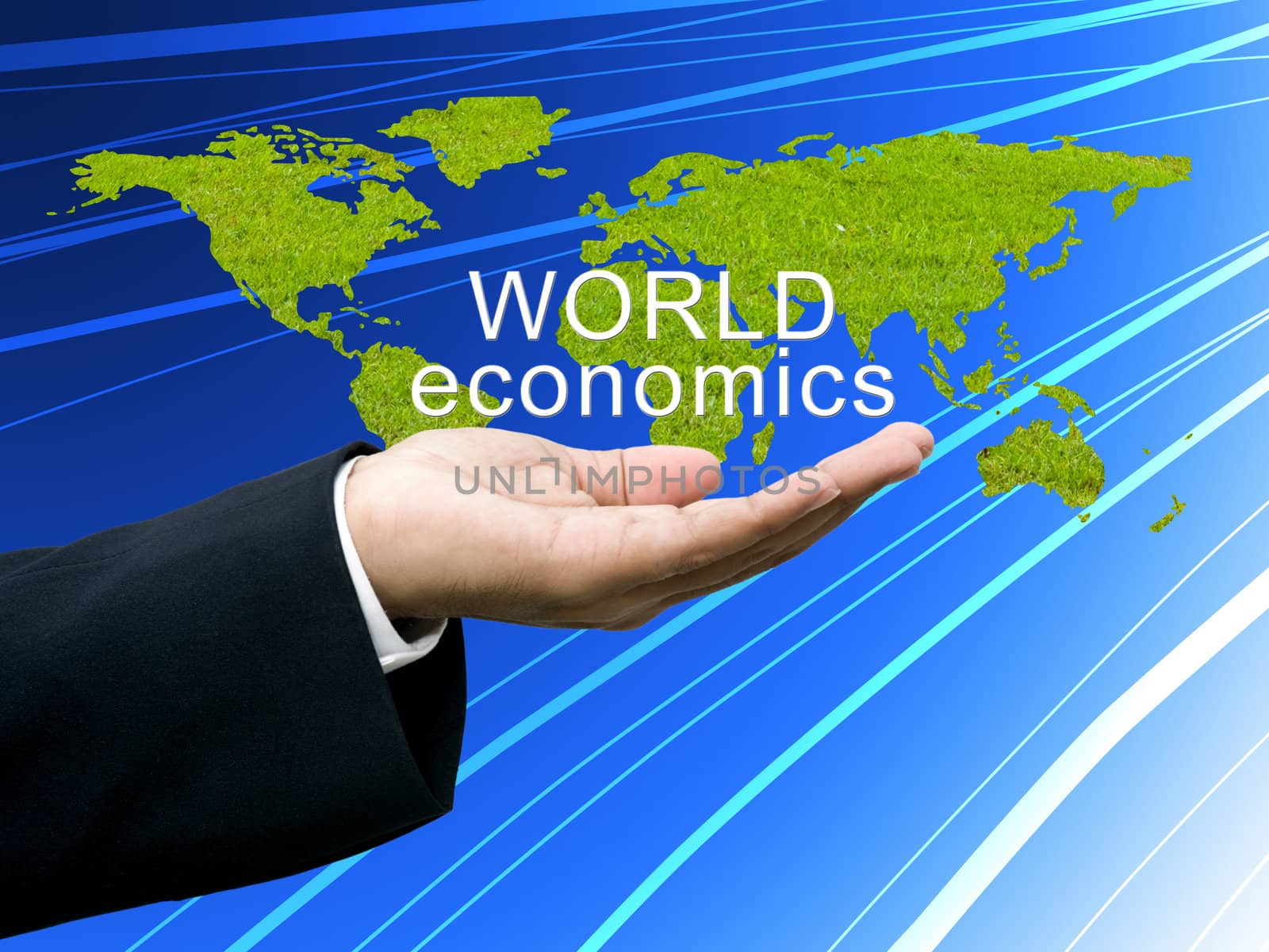 World economics on businessman's hand by pixbox77