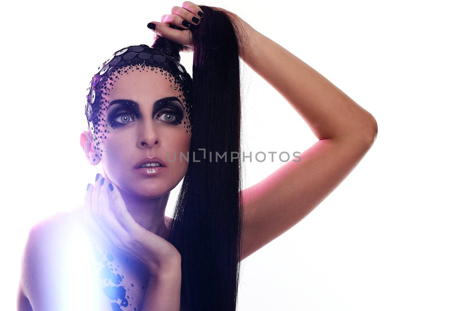 Caucasian woman with artistic makeup isolated over white background