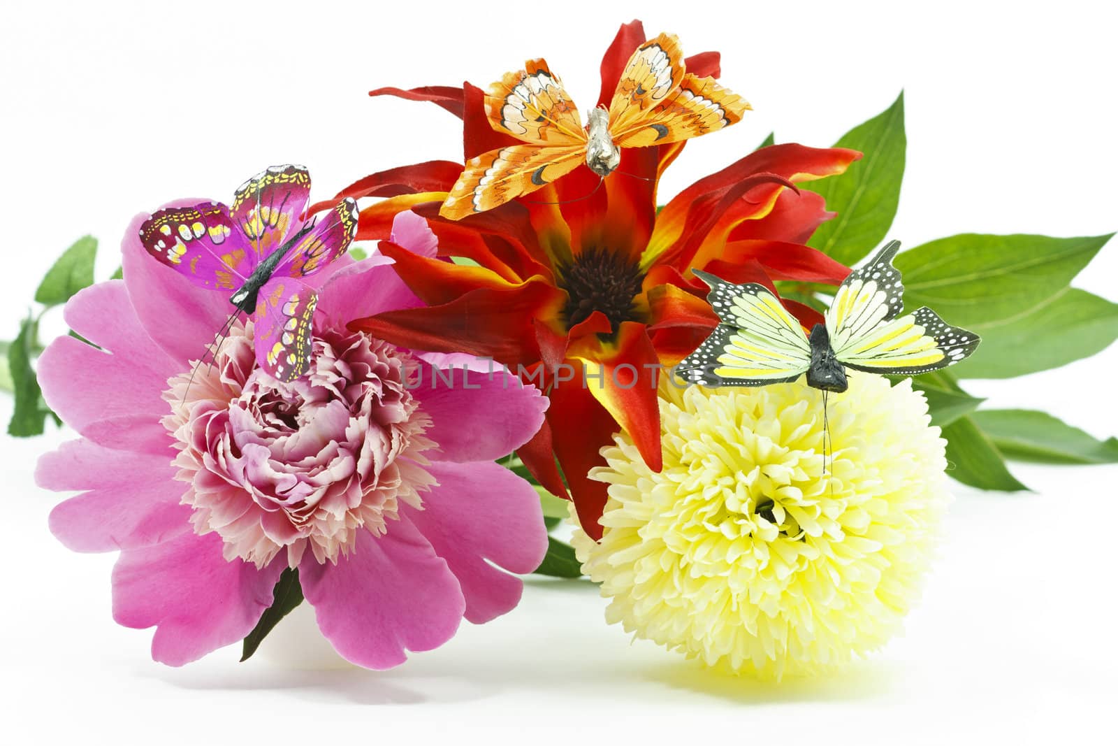 Bouquet with different flowers with butterflies, isolated on white 