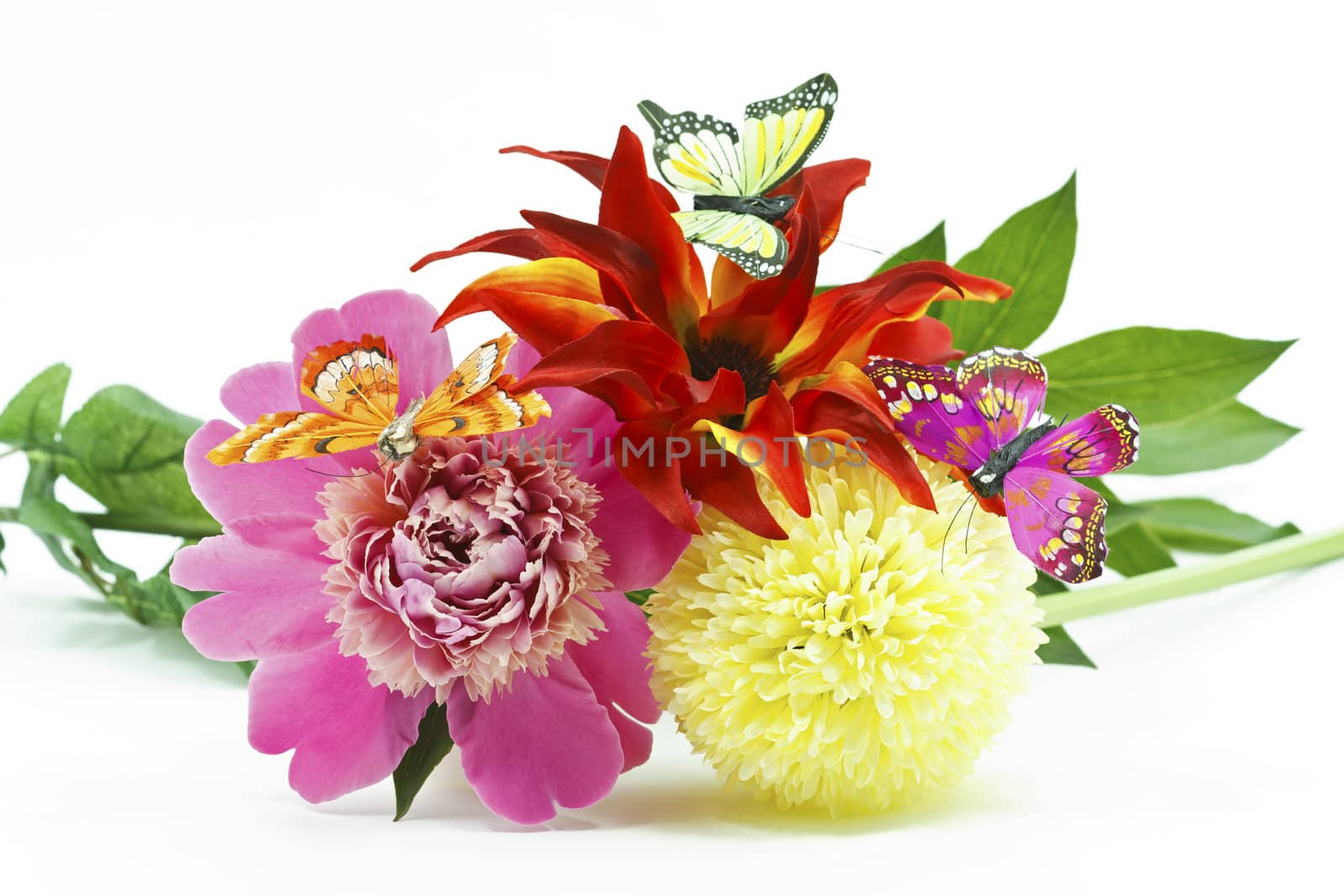 Bouquet with different flowers with butterflies, isolated on white 