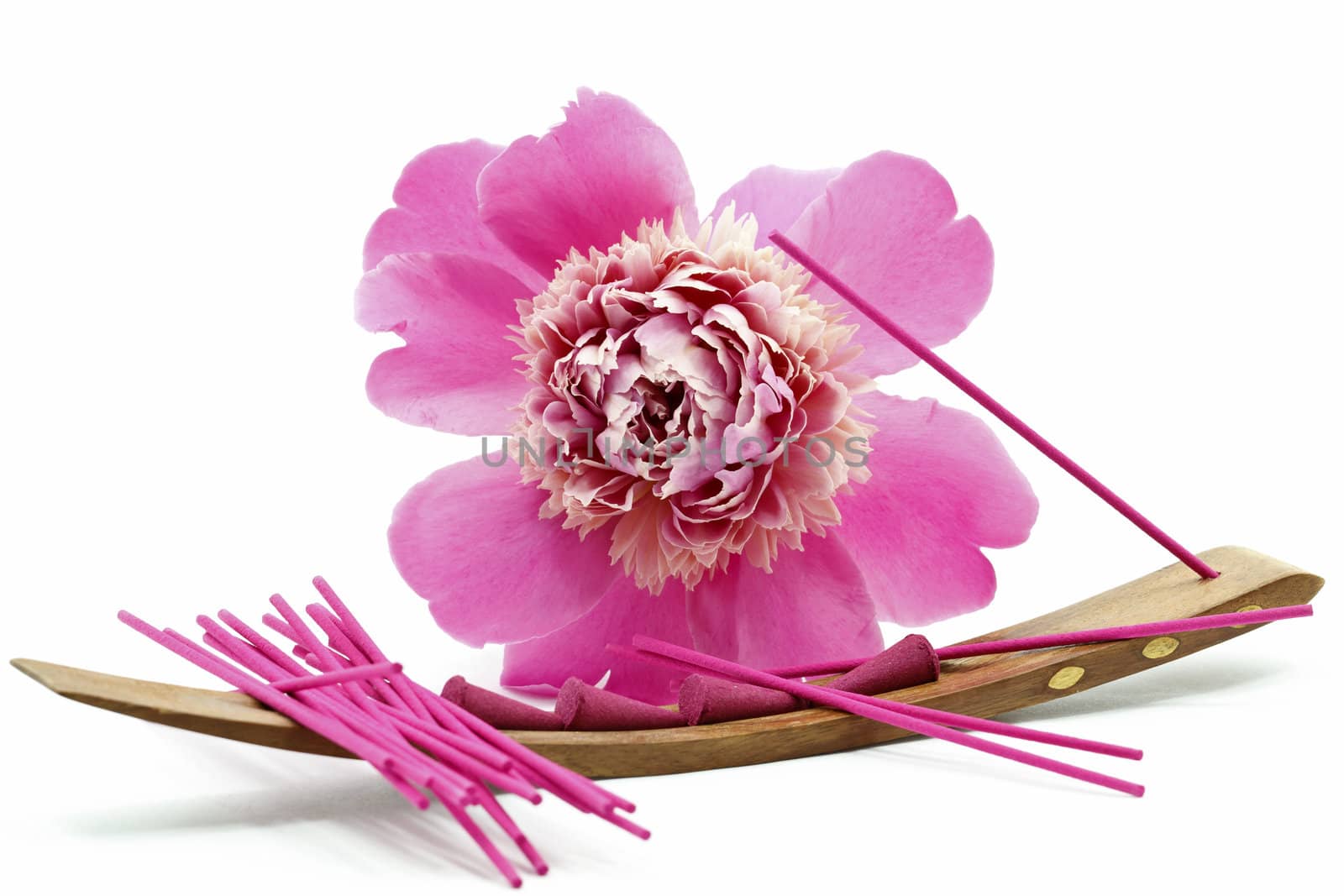 Beautiful Pink Peony Flower with pink incense sticks isolated on white background