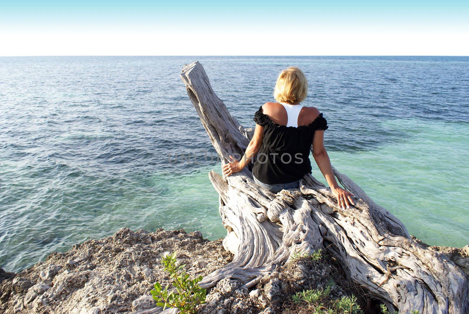 A woman overlooks the ocean while sitting on some dead wood.