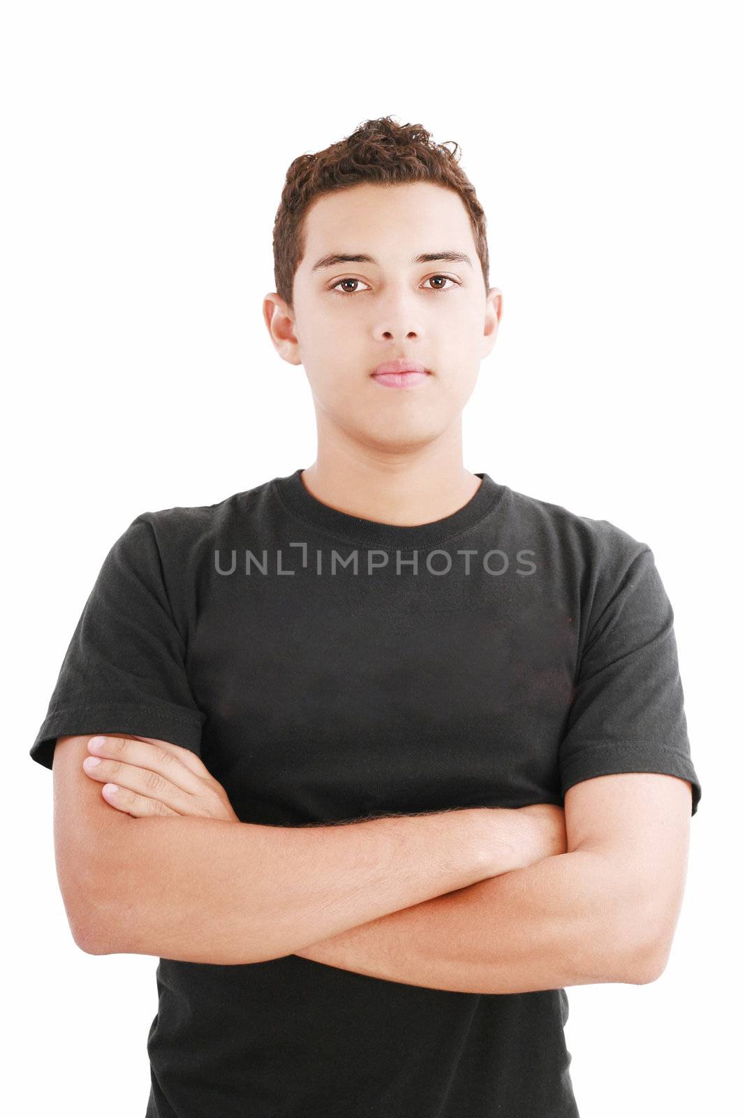 Young man in black shirt with arms crossed isolated on white