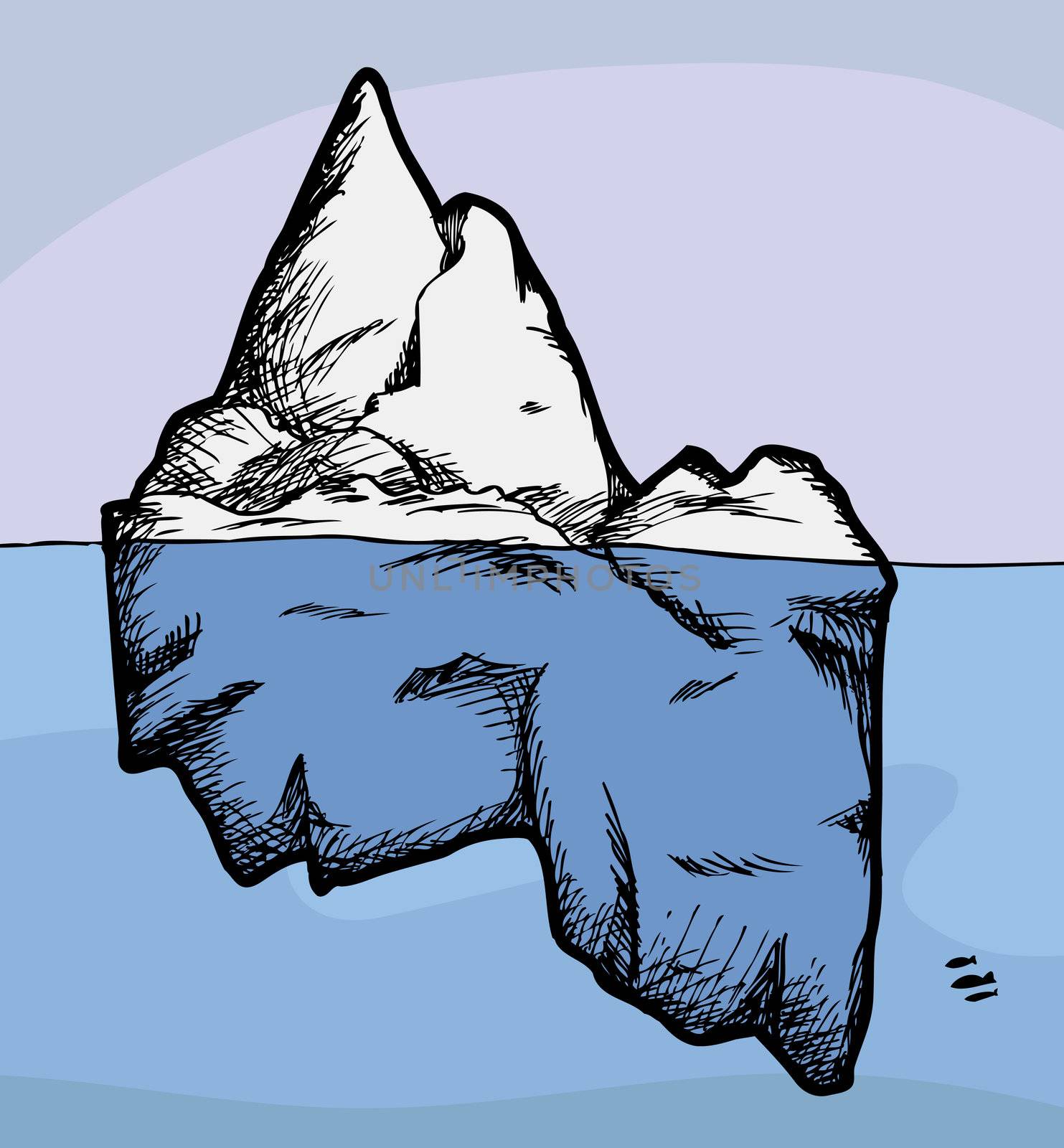 Cross section view of an iceberg above and below water