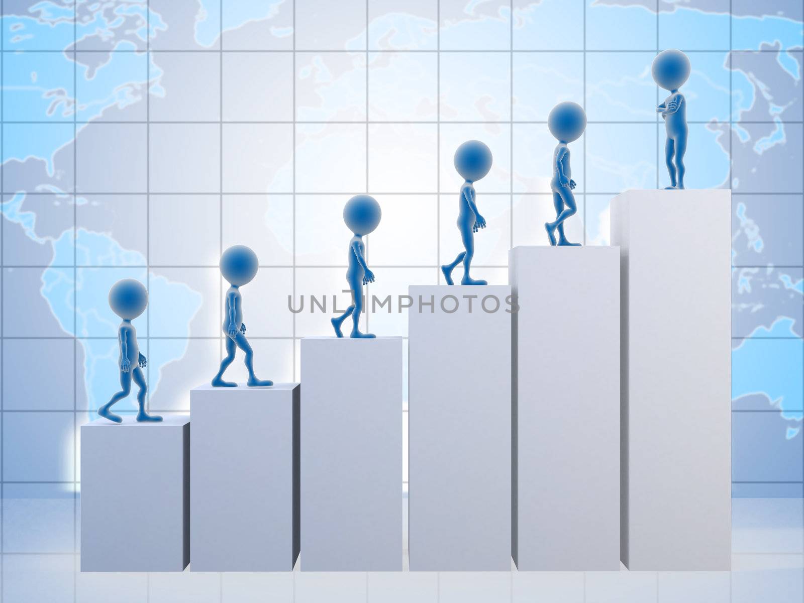 3D business men climbing a graph with one confident business man on top