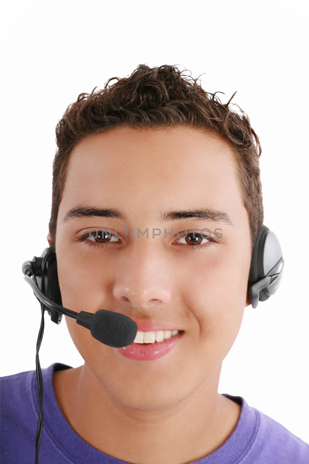 Smiling young man with telephone headset isolated on white background