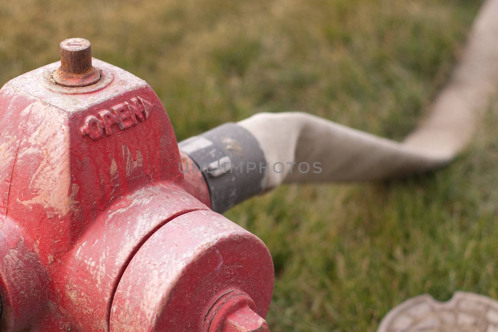 red well worn fire hydrant with a hose attached