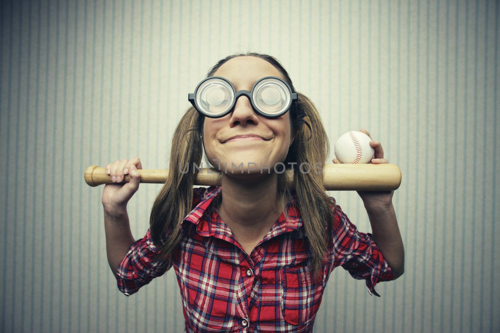 Nerdy woman love baseball, vintage portrait