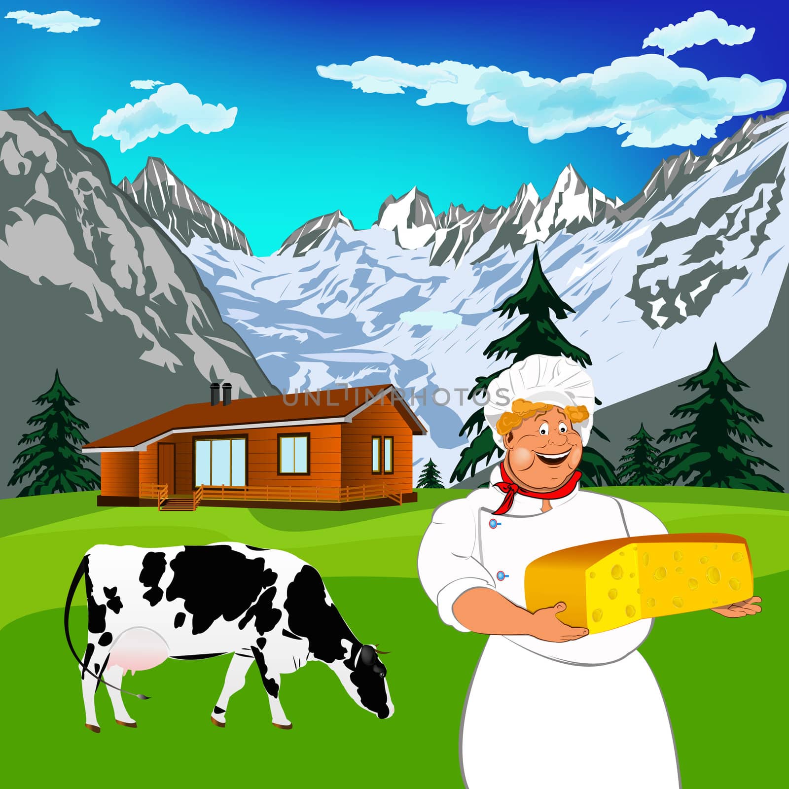 Funny Chef and Natural swiss dairy cheese with alps mountains meadow by sergey150770SV