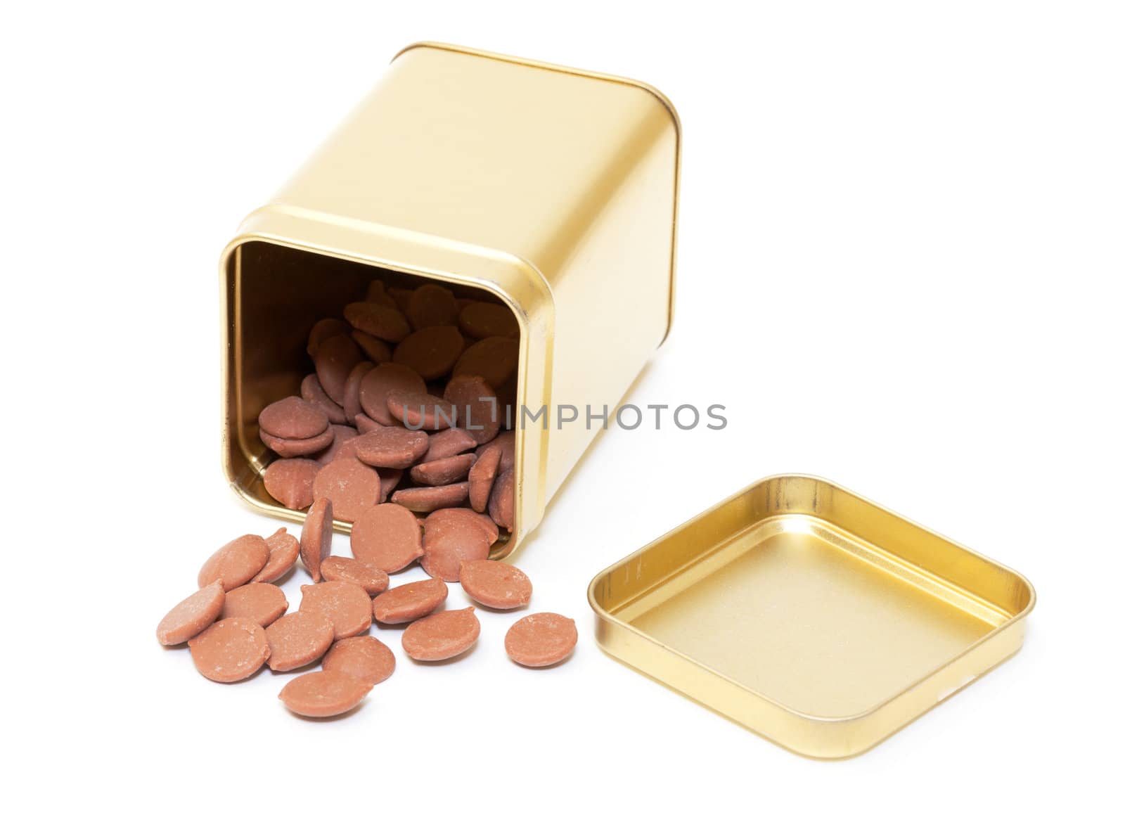 Chocolate Candies in tin can, on white background