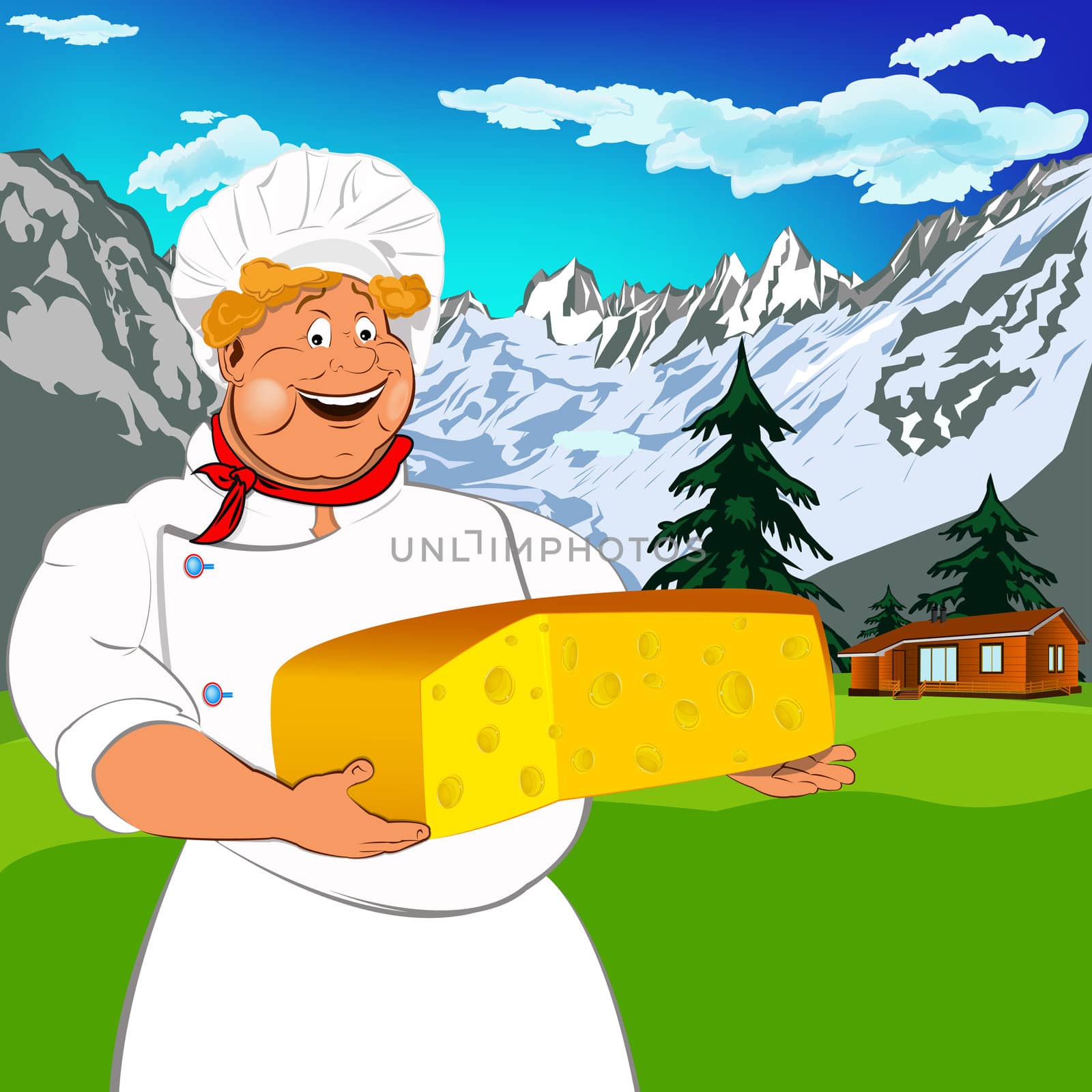 Funny Chef and Natural swiss dairy cheese with alps mountains meadow