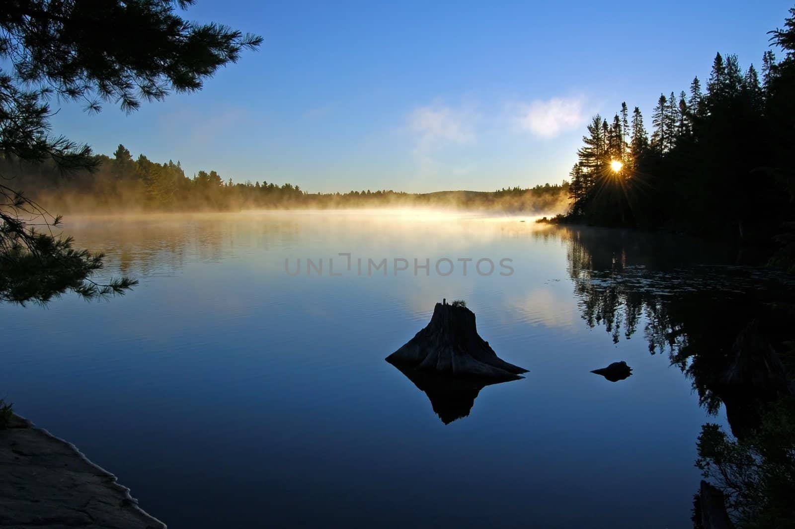 Sunrise and mist in beautiful lake in Algonquin Park

