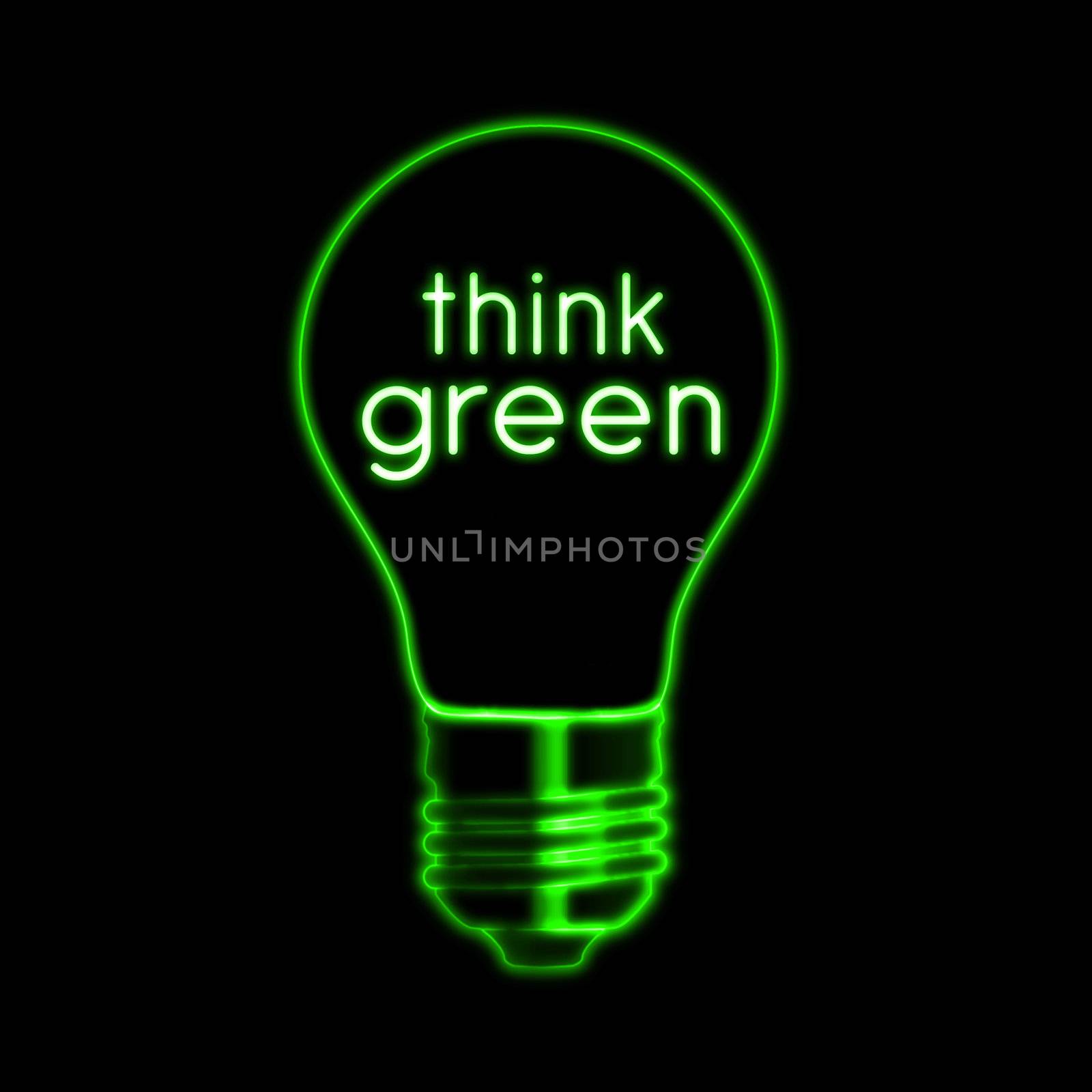 Think green illustration of bulb neon bulb and text