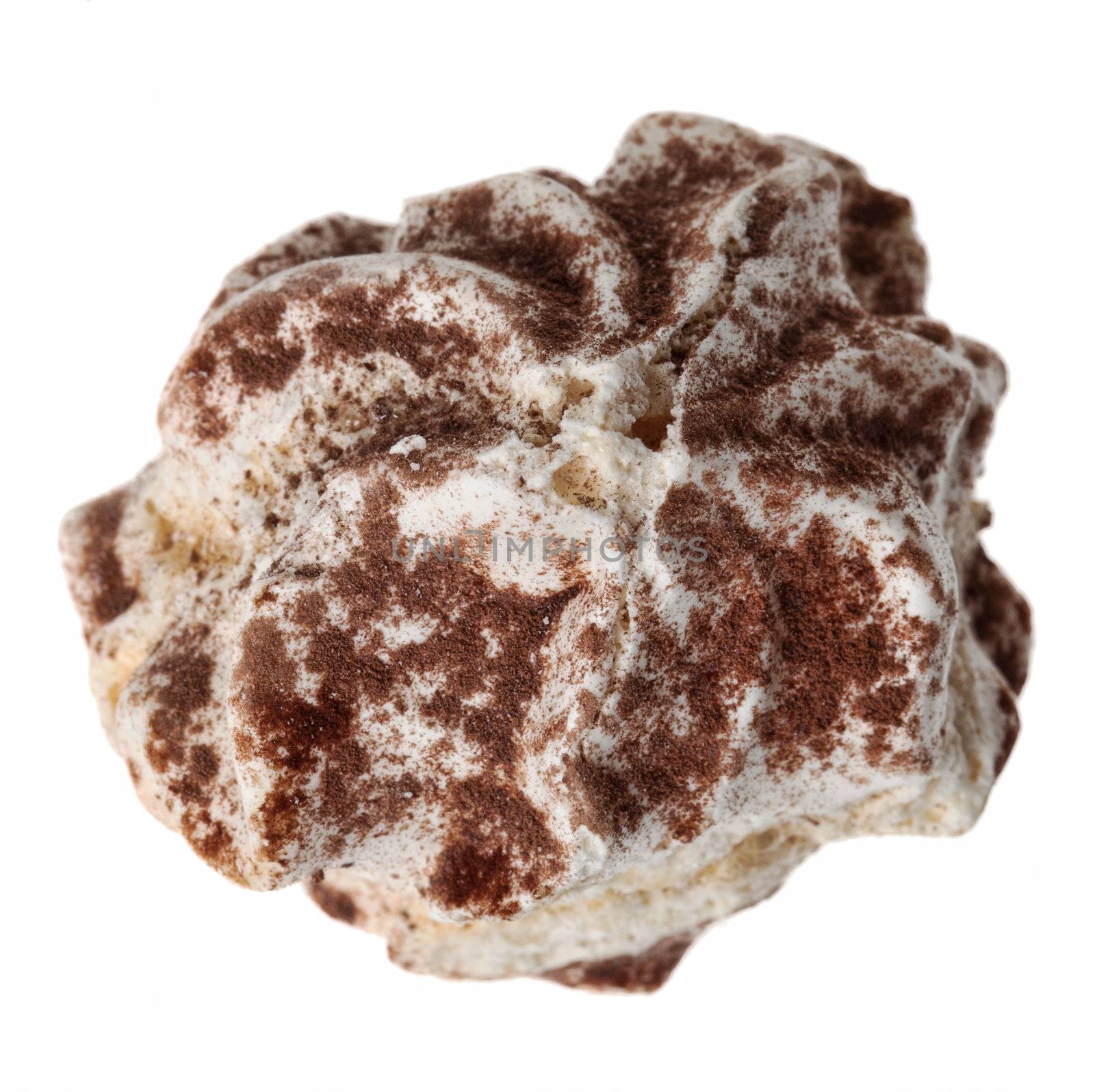 Upper view of a custard cake cover in cocoa powder isolated against a white background.