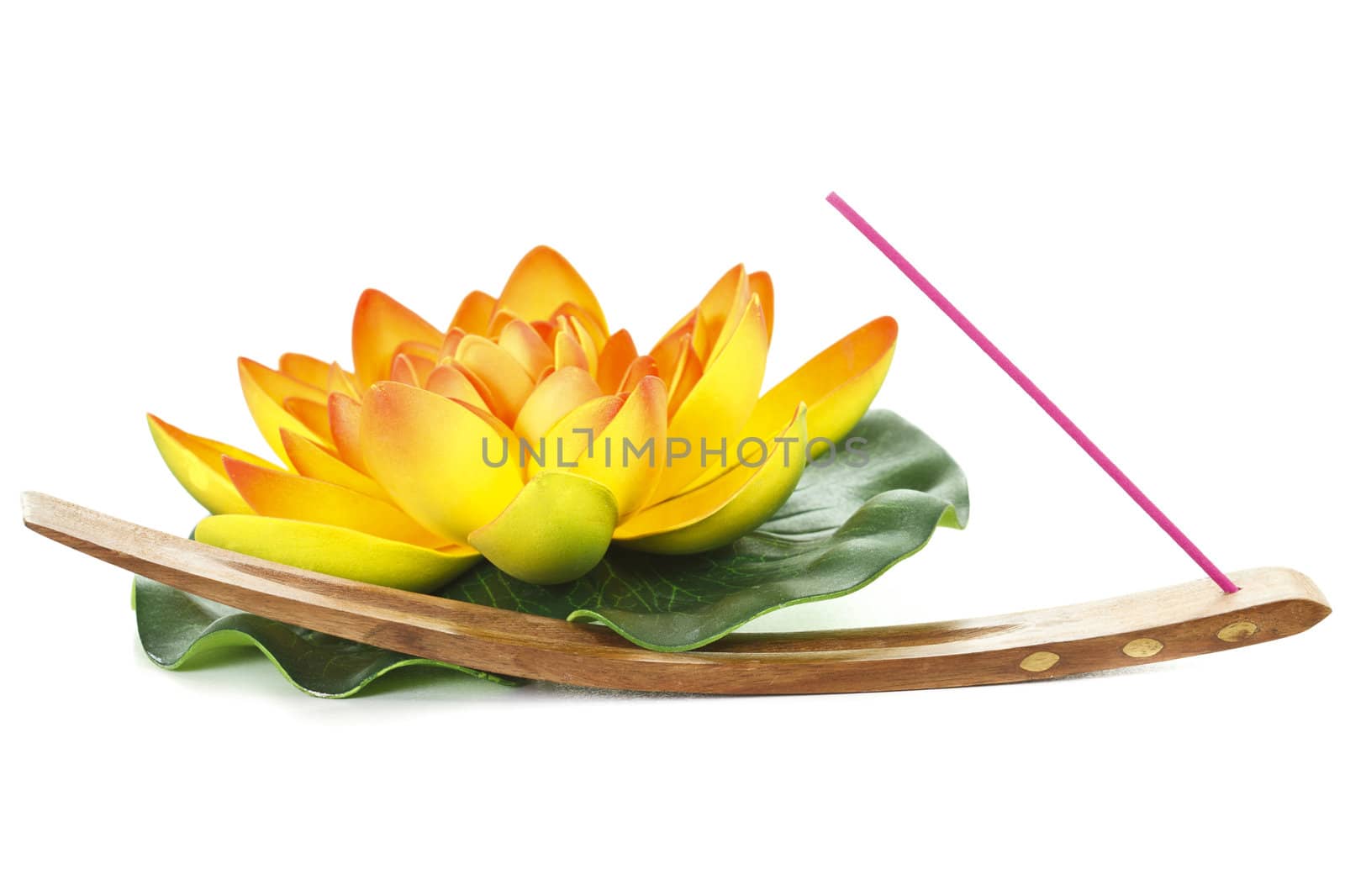 Water Lily with incense stick on white background