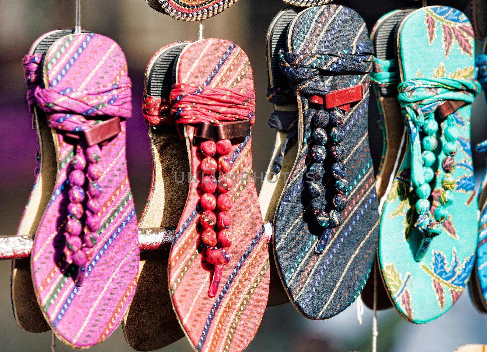 Colorful traditional shoes for sale in Rajasthan. India, Asia