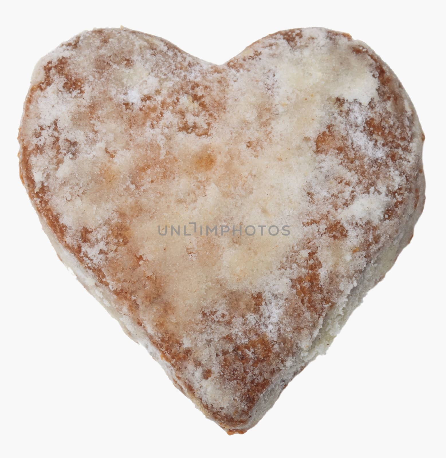 Heart shaped ginger biscuit covered in sugar isolated against a white background.