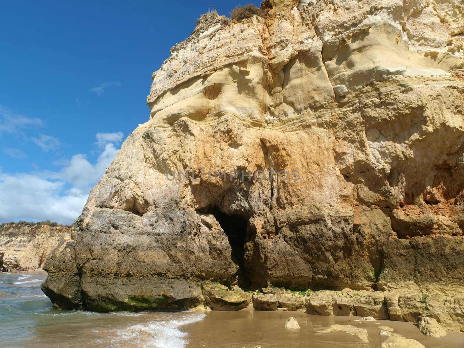 A section of the idyllic Praia de Rocha beach on the southern coast of the Portuguese Algarve region.