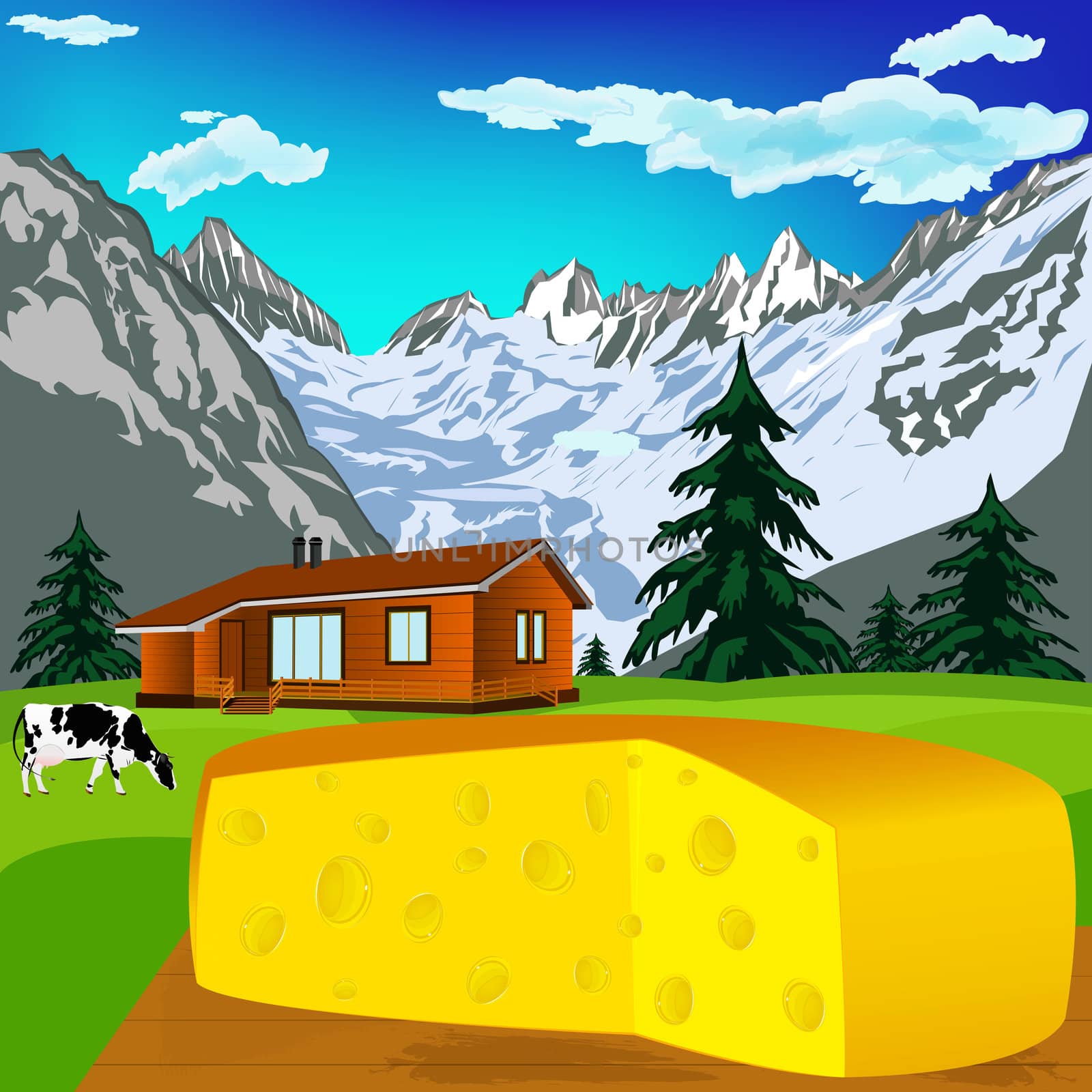 Natural swiss dairy cheese with alps mountains meadow by sergey150770SV
