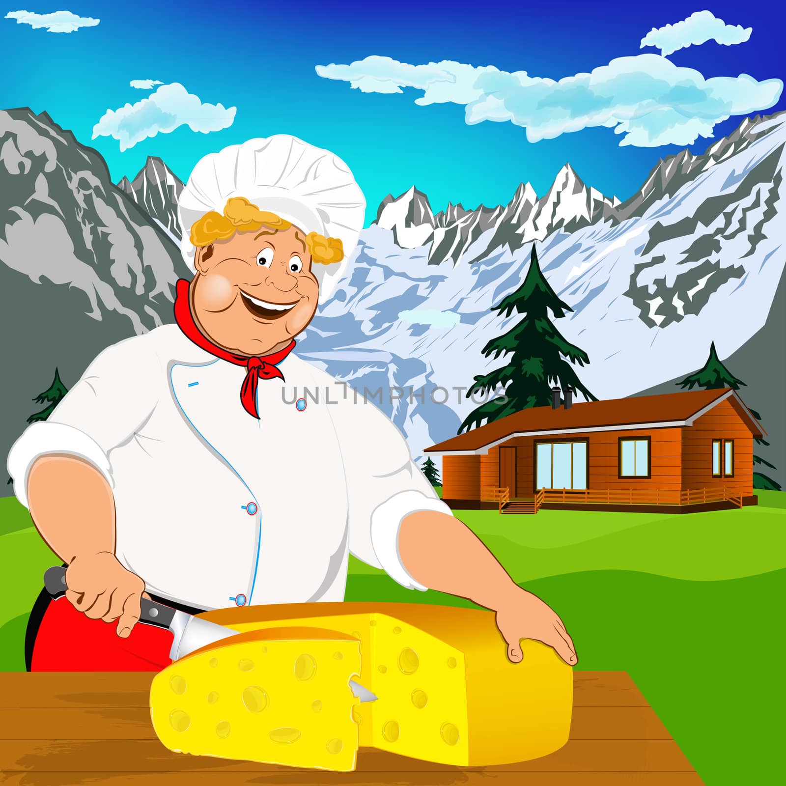 Funny Chef and Natural swiss dairy cheese with alps mountains meadow by sergey150770SV