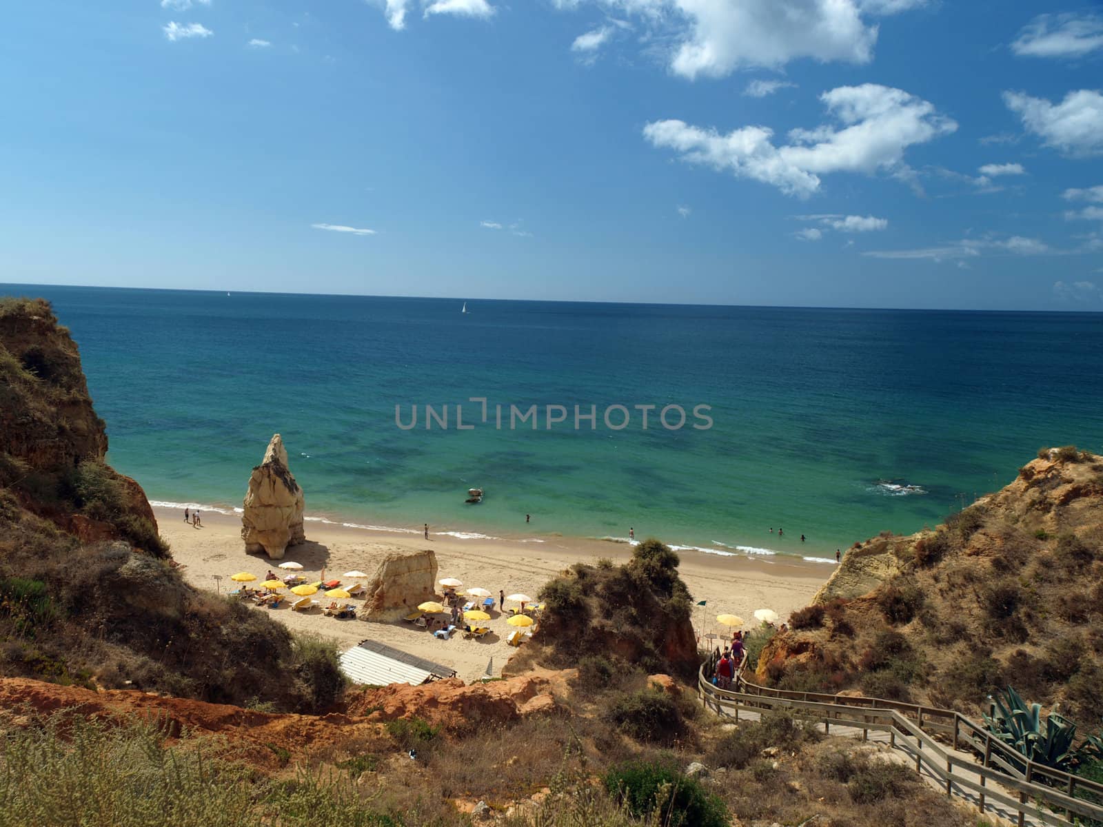 A section of the idyllic Praia de Rocha beach on the southern coast of the Portuguese Algarve region.