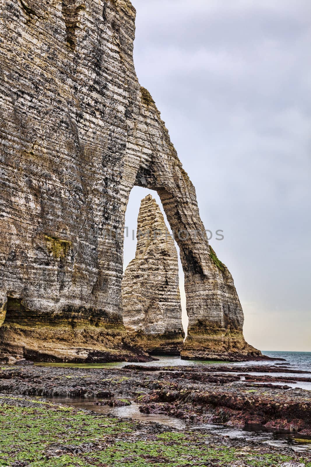 Specific cliffs in Etretat in the Upper-Normandy region in Northern France: a needle rock seen through a natural arch at the low tide time.