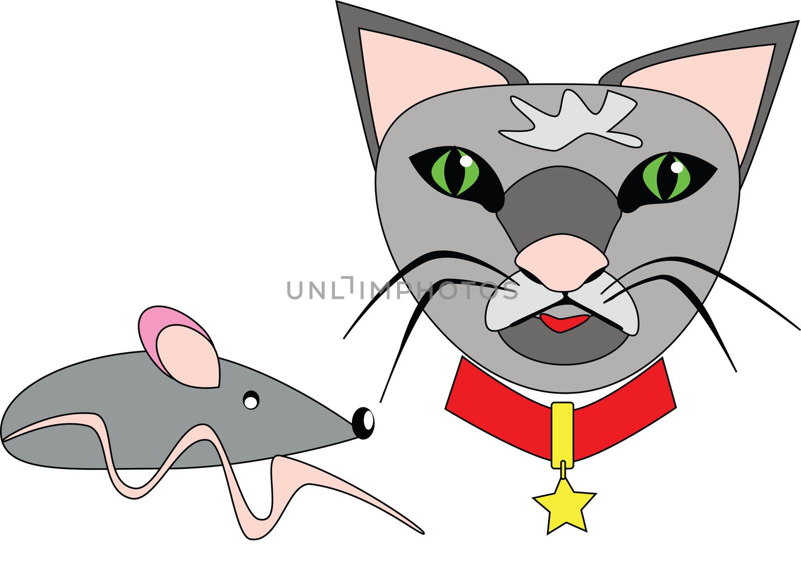 illustration of a cat with red collar and a mouse