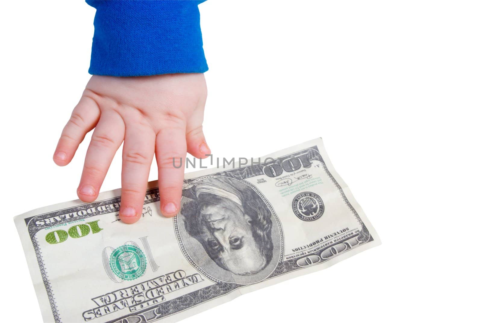 Children's hand and the dollar  isolated  on white background
