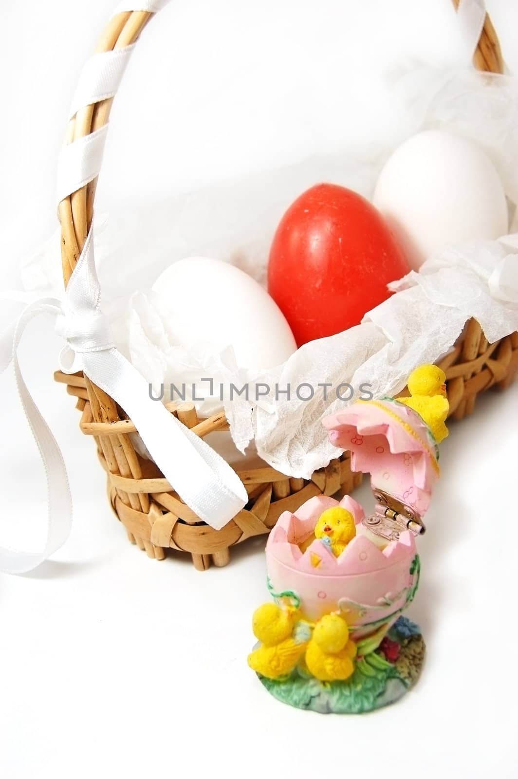 Basket with red and white eggs and bunny figurine