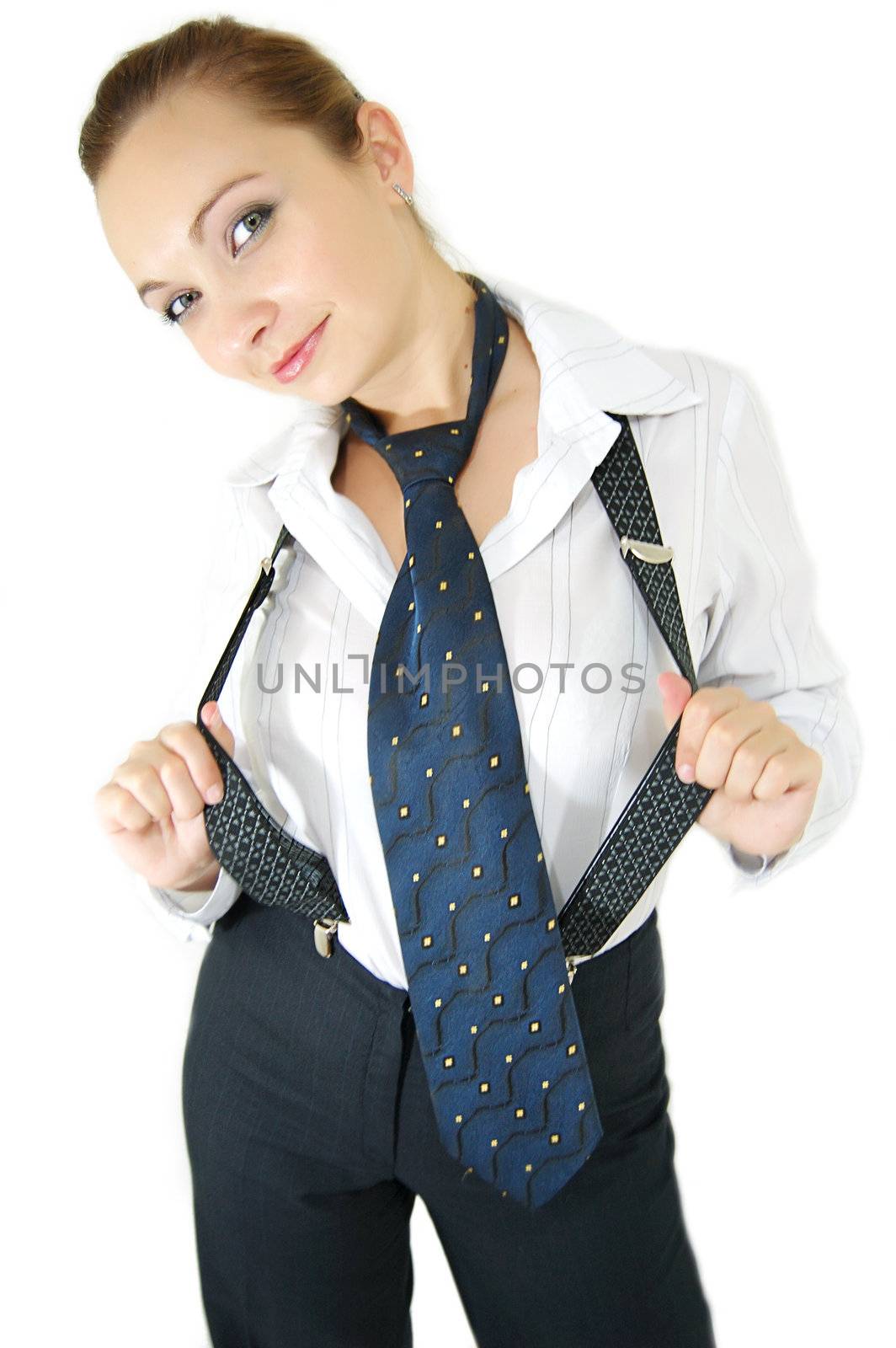 Girl in male costume, tie and suspenders