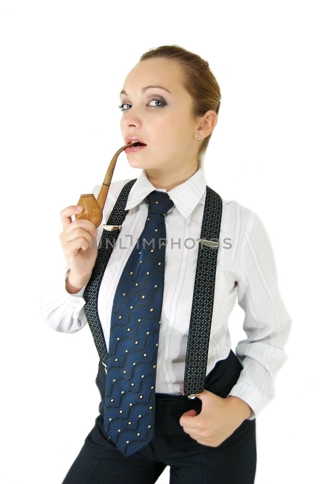 Girl in shirt and suspenders holding retro pipe, isolated on white