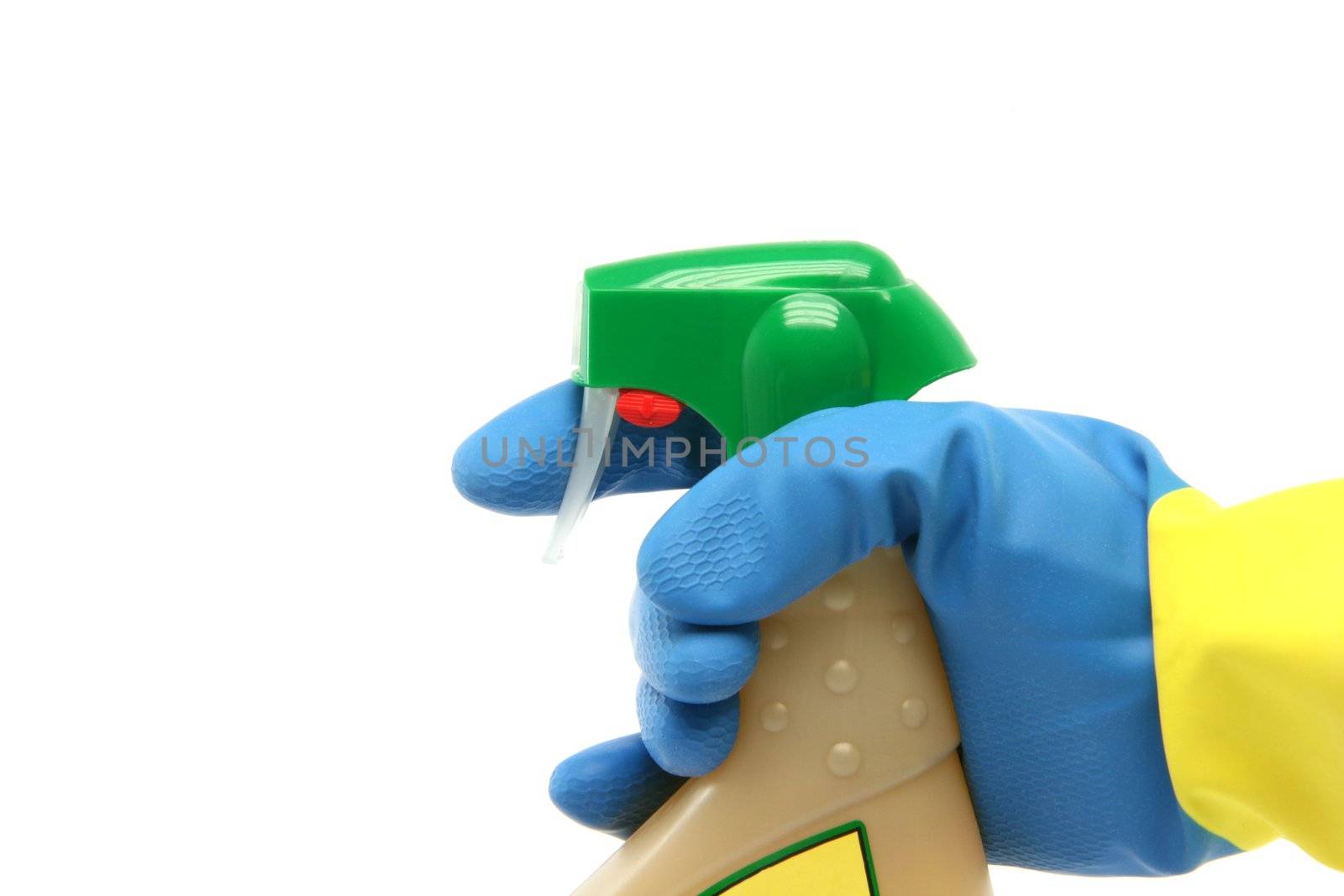 housekeeping and cleaning concepts hand with glove and sprayer isolated on white background