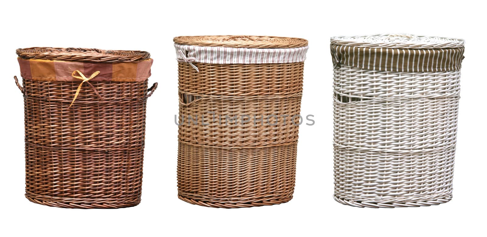 three laundry baskets isolated on white background with clipping paths