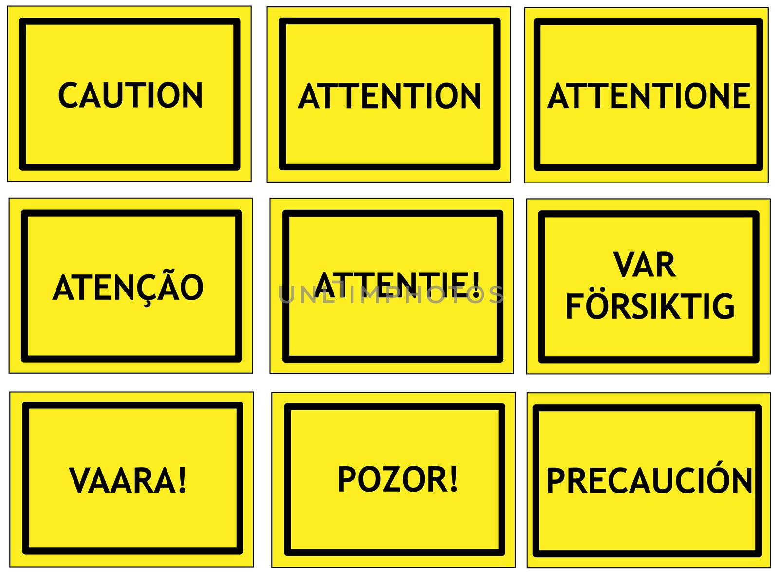 Warning signs in English, French, Italian, Portuguese, Dutch, Swedish, Finnish, Slovenian and Spanish