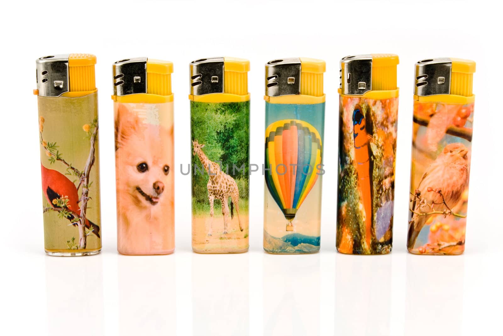 Lighters with pictures of animals isolated on white