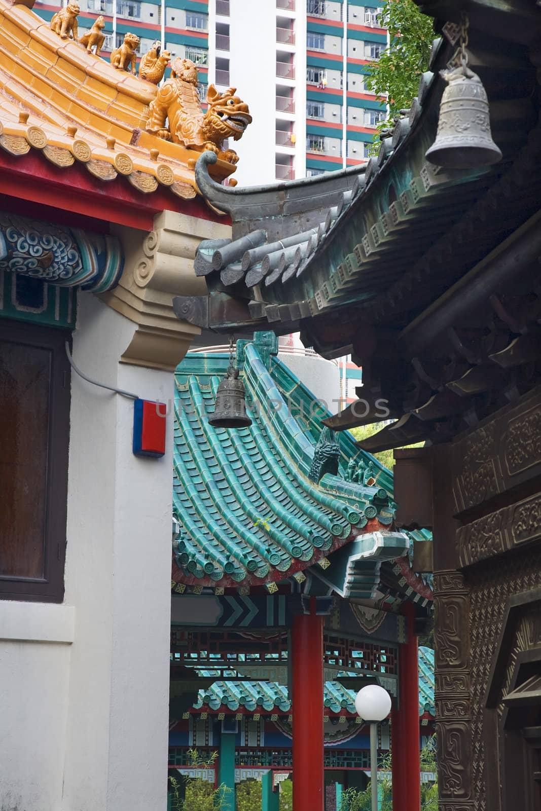 Modern Buildings Ancient Roofs Bells Wong Tai Sin Taoist Temple by bill_perry