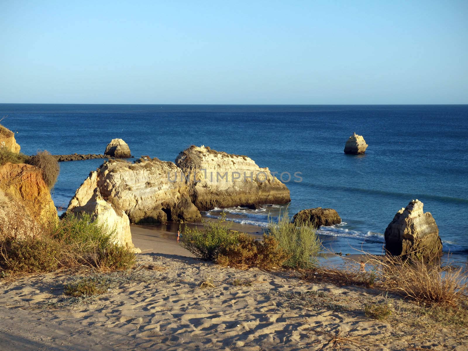 A section of the idyllic Praia de Rocha beach on the southern coast of the Portuguese Algarve region.