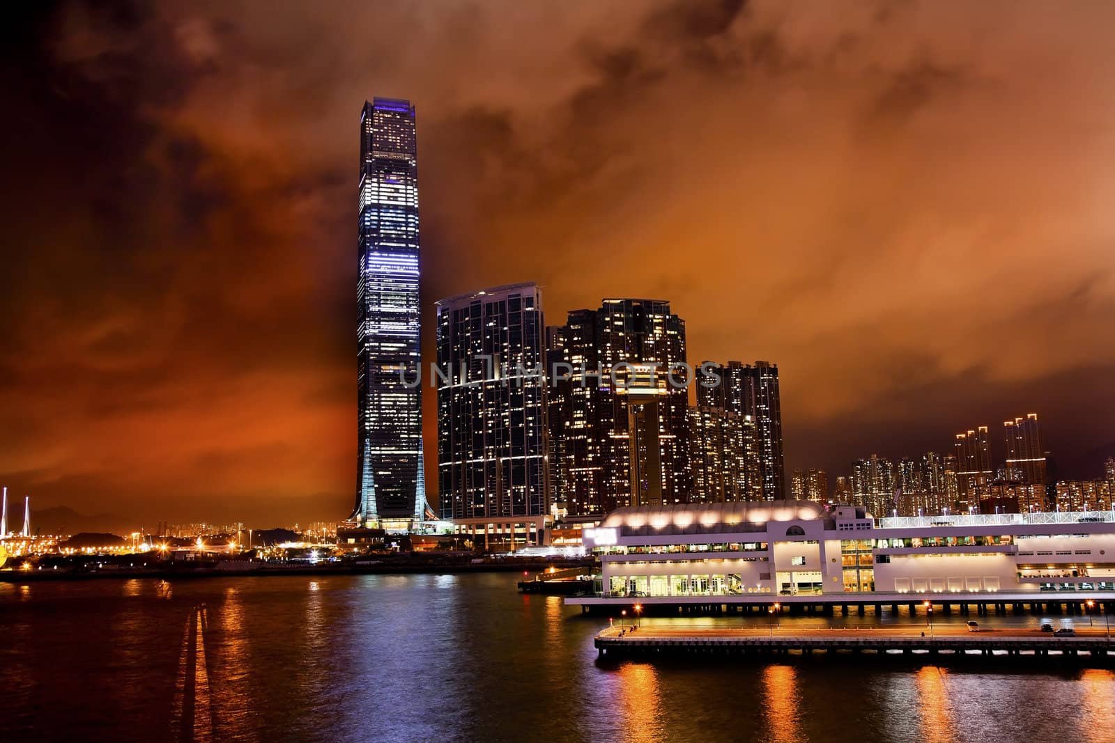 Inernational Commerce Center ICC Building Kowloon Hong Kong Harbor at Night 4th Largest Building in the World