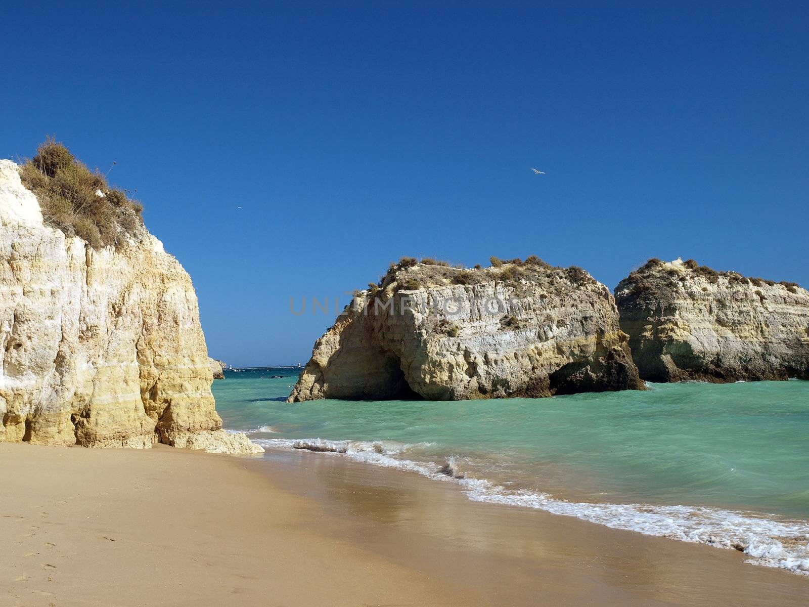 A section of the idyllic Praia de Rocha beach on the southern coast of the Portuguese Algarve region.