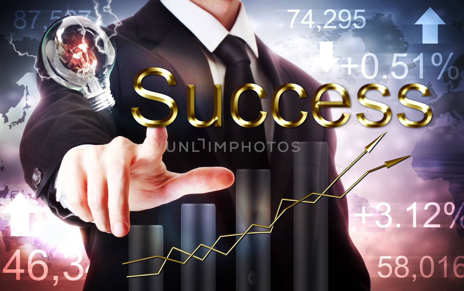Businessman pointing to success with a graph representing growth and a light bulb with stock market background