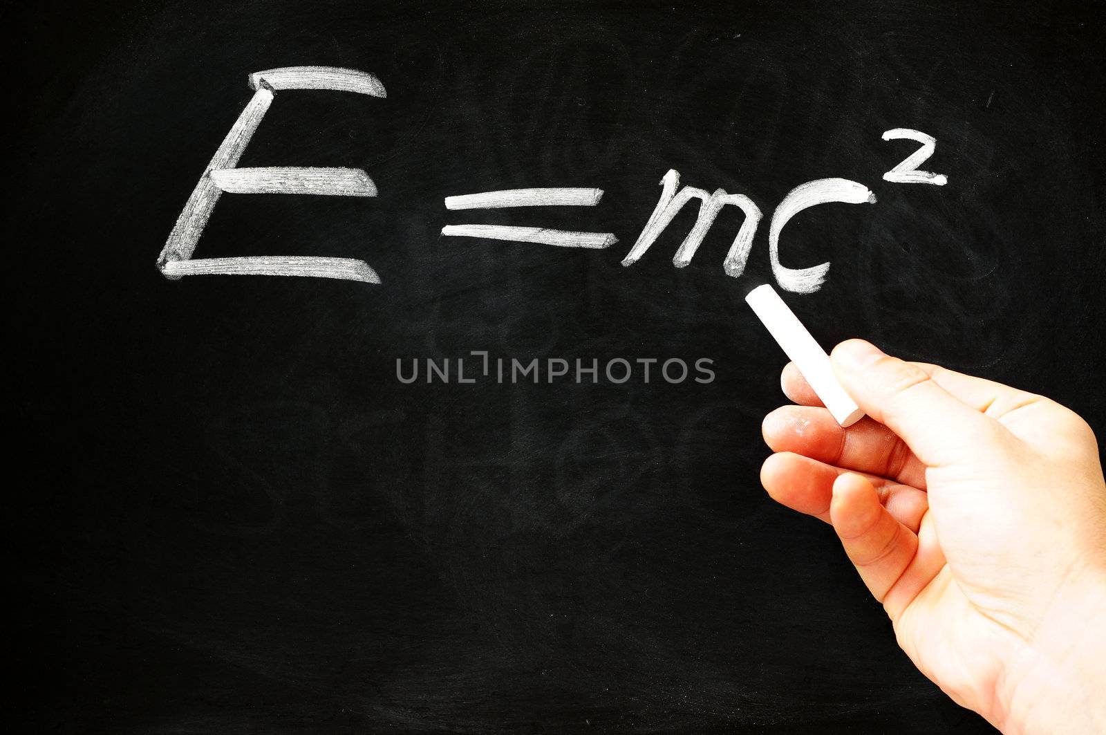 E=mc� Albert Einsteins physical formula written on blackboard 