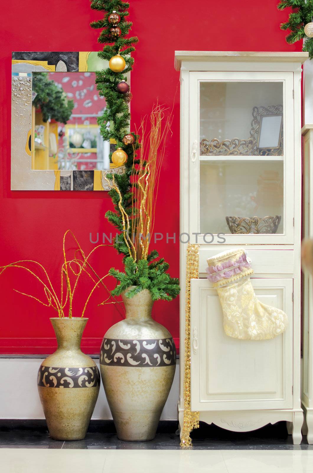 christmas decoration on the red wall with vase and drawer by zefart